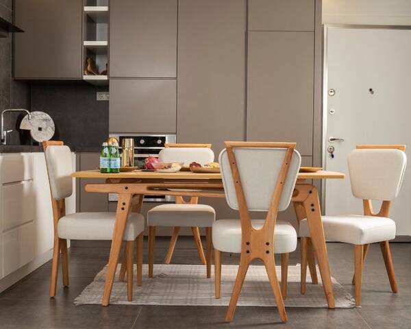 Avokado - 80 x 145 cm Palace 4 Sandalyeli Krem Yemek Masası Takımı Modeli, 