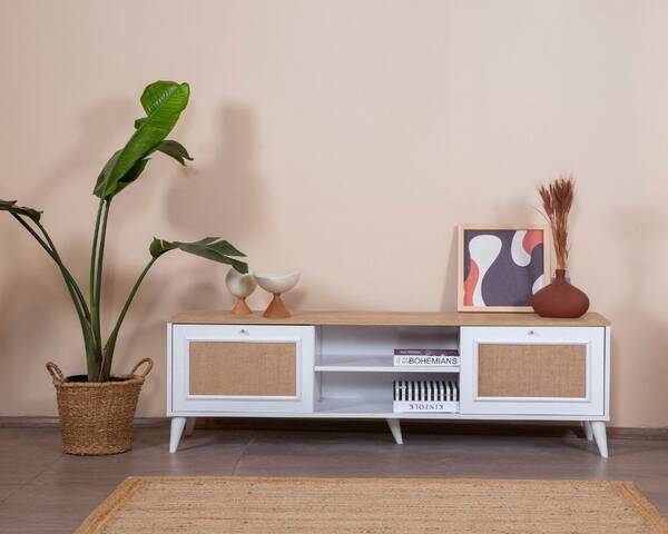  - Jüt Beyaz Ahşap Detaylı 180 cm Tv Ünitesi
